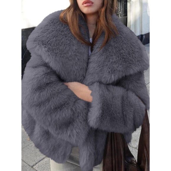 Women's Faux Fur Coat Winter Shaggy Casual Oversized Lapel Jacket Warm Dark Grey - Picture 4 of 5